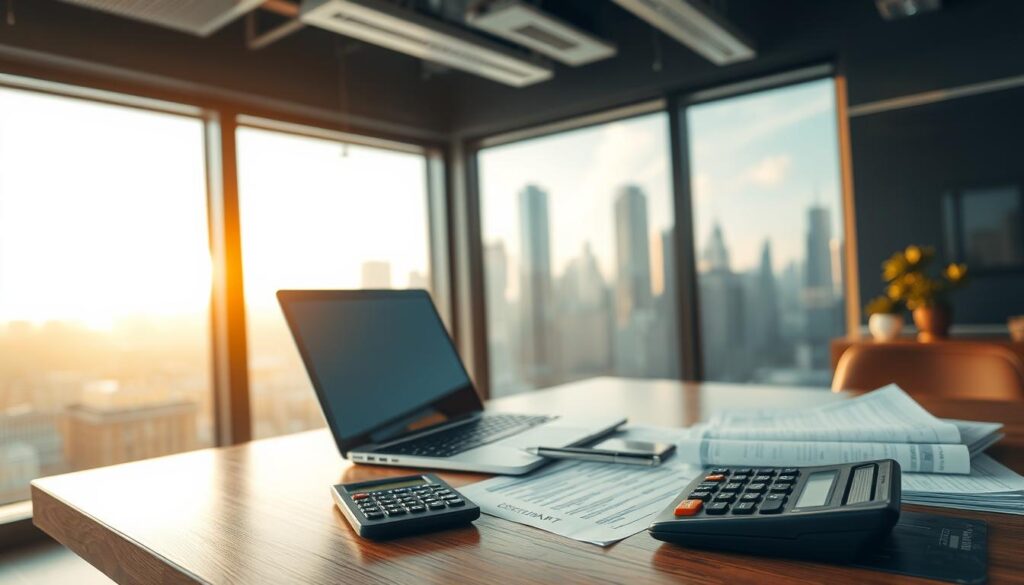 A serene office setting with a laptop, calculator, and financial documents neatly arranged on a wooden desk. The background features a large window overlooking a city skyline, bathed in warm, golden afternoon light. The composition conveys a sense of focus, organization, and the importance of careful financial management. The overall mood is one of professionalism, diligence, and the thoughtful stewardship of resources.