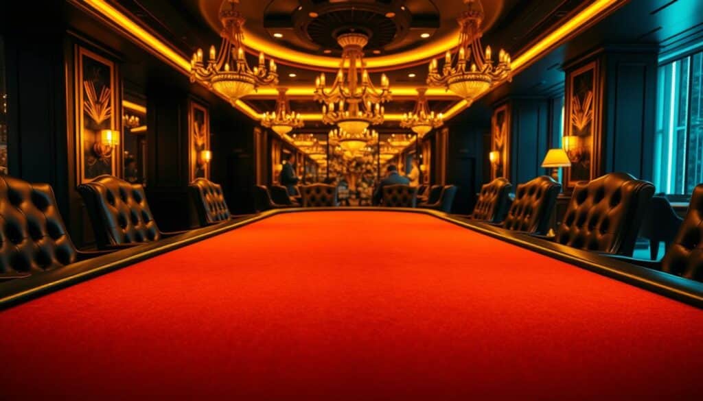 A serene online baccarat table set against a dimly lit, luxurious casino interior. The felt surface of the table gleams under warm, golden lighting, inviting players to take their seats. High-backed leather chairs frame the table, while elegant chandeliers cast a soft, ambient glow. In the background, the faint sound of clinking glasses and murmured conversation creates an atmosphere of sophisticated leisure. The camera angle is slightly elevated, giving the viewer a bird's-eye perspective of the scene, highlighting the symmetry and order of the layout. The overall mood is one of refined elegance and quiet anticipation, setting the stage for an immersive online baccarat experience.
