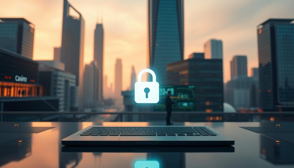 A serene online casino website set against a backdrop of sleek and modern architecture, conveying a sense of security and trustworthiness. In the foreground, a padlock icon hovers over the website's interface, symbolizing the robust encryption and protection measures in place. The middle ground features a team of cybersecurity experts monitoring the site's operations, ensuring the safety and privacy of user data. The background showcases a cityscape with towering skyscrapers, reflecting the scale and sophistication of the online gambling industry. Warm, neutral lighting casts a calming glow over the entire scene, instilling a sense of confidence in the user's experience.