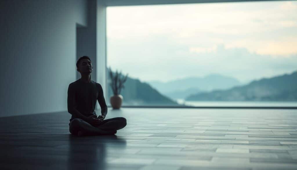 A serene, photorealistic scene depicting the psychological factors of focus and calm. In the foreground, a person sits cross-legged, eyes closed, hands resting gently on their lap, exuding an aura of deep meditation and inner peace. The middle ground features a tranquil, minimalist setting - a dimly lit room with clean lines, muted colors, and a sense of spaciousness that promotes mindfulness. The background showcases a softly blurred, contemplative landscape, with a calming palette of blues and grays, suggesting the vastness of the natural world and its ability to inspire contemplation. Soft, diffused lighting casts a warm, introspective glow, enhancing the overall atmosphere of focused concentration and emotional equilibrium.