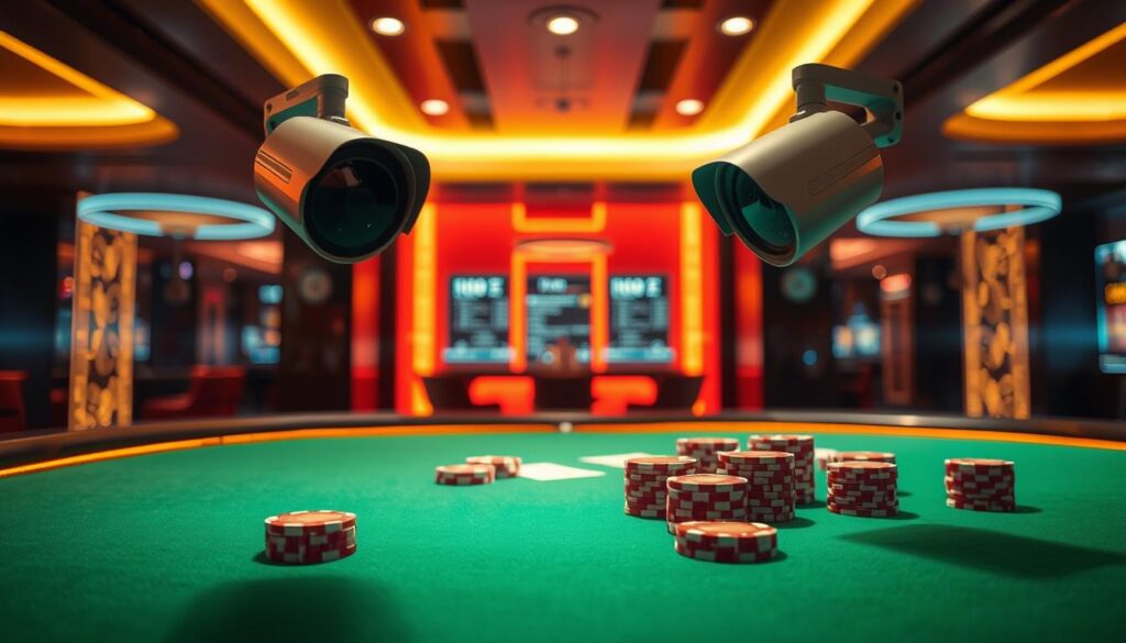 A serene scene of a baccarat gaming table set against a backdrop of a sleek, modern casino interior. The table's green felt surface is illuminated by warm, recessed lighting, casting a soft glow across the arrangement of high-quality casino chips and playing cards. In the foreground, a security camera discreetly monitors the proceedings, ensuring the integrity and safety of the gaming experience. The overall atmosphere conveys a sense of elegance, professionalism, and unwavering commitment to player protection, reflecting the comprehensive online security mechanisms that safeguard the baccarat gameplay.
