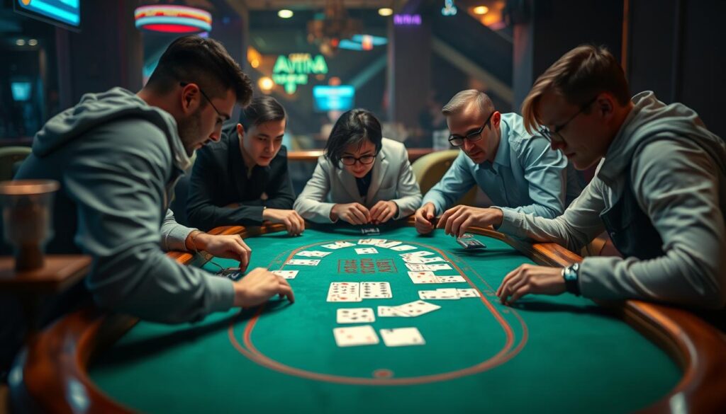 A serene table with a green felt surface, surrounded by players immersed in an engaging game of online baccarat. The table's edges feature polished wooden trim, adding a touch of sophistication. Soft lighting casts a warm glow, creating an inviting atmosphere. Players lean in, their eyes focused on the cards, expressions reflecting a mix of concentration and anticipation. The background blurs softly, drawing attention to the central game in progress. The scene conveys the essence of practicing and refining baccarat strategies, with a sense of tranquility and strategic engagement.