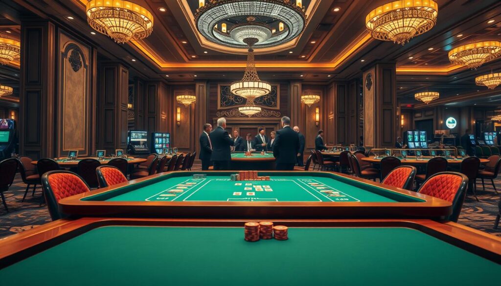 A serene, warm-lit casino interior with a prominent baccarat table in the foreground. The table is adorned with sleek, modern wooden accents and a green felt surface. Chips and cards are neatly arranged, inviting the viewer to imagine the game in progress. The middle ground features well-dressed players engaged in lively discussion, while the background showcases the grandeur of the casino setting - ornate chandeliers, plush carpeting, and elegant architectural details. The overall atmosphere exudes an air of sophistication and strategic decision-making, perfectly capturing the essence of baccarat gameplay and betting strategies.