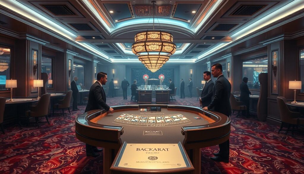 A serene, well-lit casino interior featuring a pristine baccarat table taking center stage. Elegant decorations, plush carpeting, and soft lighting create an atmosphere of refined sophistication. Players in formal attire stand around the table, intently focused on the cards being dealt. The table is adorned with discreet branding and signage, hinting at a reputable, high-quality gaming establishment. A sense of anticipation and strategy pervades the scene, inviting the viewer to imagine the thrill of a victorious round of baccarat.