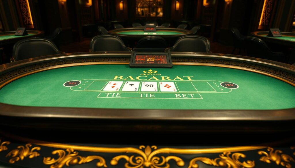 A serene, well-lit casino table with a green felt surface, the edges adorned with ornate golden trim. At the center, the iconic Baccarat table layout is displayed, clearly delineating the player, banker, and tie bet areas. The table is surrounded by a dimly lit, luxurious interior, with warm lighting casting a inviting glow. The camera angle is positioned slightly above the table, capturing the game rules and mechanics in a clear, informative manner, ready to educate the reader on the intricacies of this classic casino game.
