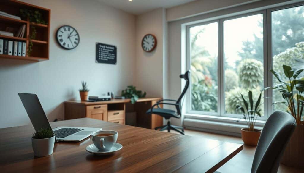 A serene, well-lit office space with a clean, minimalist aesthetic. In the foreground, a wooden desk with a laptop, a cup of tea, and a small potted plant. The middle ground features a comfortable ergonomic chair and a wall-mounted clock, conveying a sense of order and focus. The background showcases a large window overlooking a lush garden, providing a calming natural view. The lighting is warm and diffuse, creating a soothing, contemplative atmosphere. The overall scene evokes a tranquil environment conducive to psychological management and emotional control.