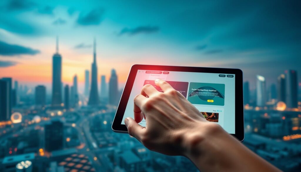 A serene, well-lit scene showcasing a modern, secure online gambling platform. In the foreground, a hand confidently selects an app on a sleek, high-resolution tablet device, emphasizing the convenience and user-friendliness of the platform. The middle ground features a minimalist, minimalist desktop interface with clean typography and intuitive navigation, radiating a sense of trust and transparency. In the background, a cityscape with towering skyscrapers and a vibrant, futuristic skyline sets the stage for a technologically advanced, regulated gambling ecosystem. The overall mood is one of professionalism, safety, and digital sophistication, inspiring confidence in the platform's ability to provide a secure and enjoyable online gambling experience.