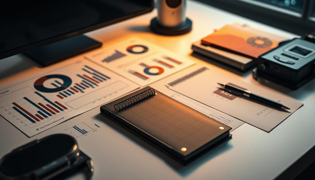 A sharply-focused image of a meticulously organized investment portfolio, with charts, graphs, and financial documents neatly arranged on a sleek, minimalist desk. Soft, directional lighting casts a warm, professional glow, while a modern, high-contrast color palette of greys, blacks, and metallic accents creates a sense of sophistication and control. The overall composition conveys a clear, carefully-considered financial strategy, with an air of confidence and attention to detail.