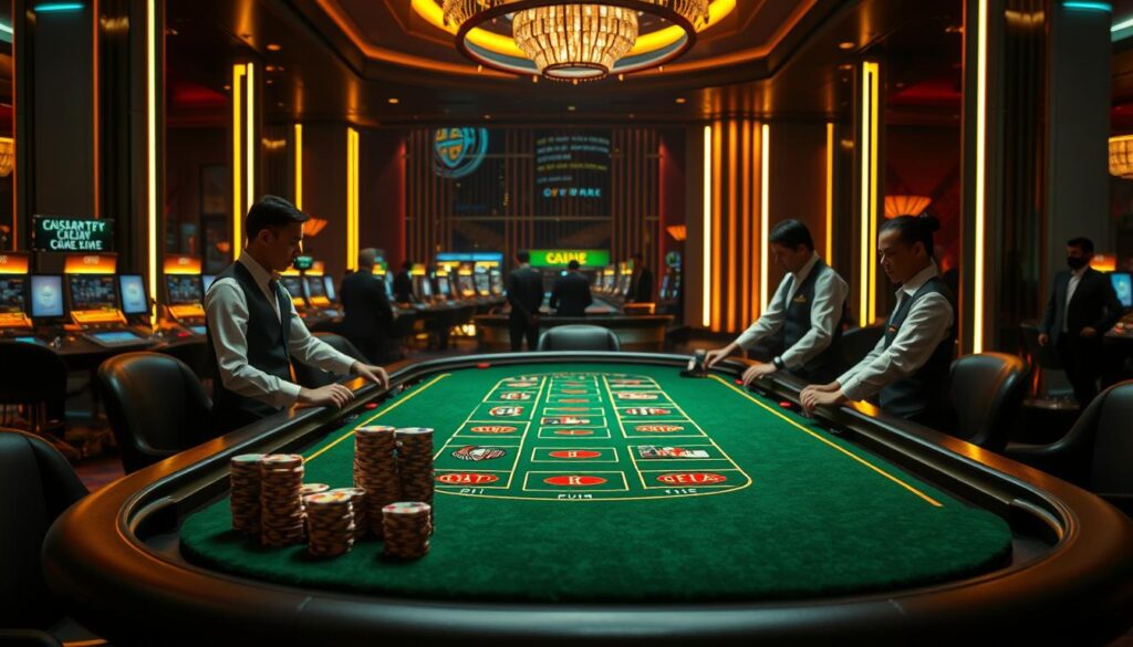 A sleek and modern casino table set against a backdrop of a lush, dimly-lit gaming hall. The table is adorned with a green felt surface, illuminated by warm, golden lighting that casts a inviting glow. Elegant dealers in crisp uniforms stand ready, their movements precise and practiced. Stacks of casino chips in a variety of colors are neatly arranged, hinting at the high-stakes nature of the game. The atmosphere is one of sophisticated elegance, where experienced players engage in the thrilling, strategic dance of Baccarat. The scene evokes a sense of refined luxury and the intellectual challenge of mastering this time-honored casino classic.