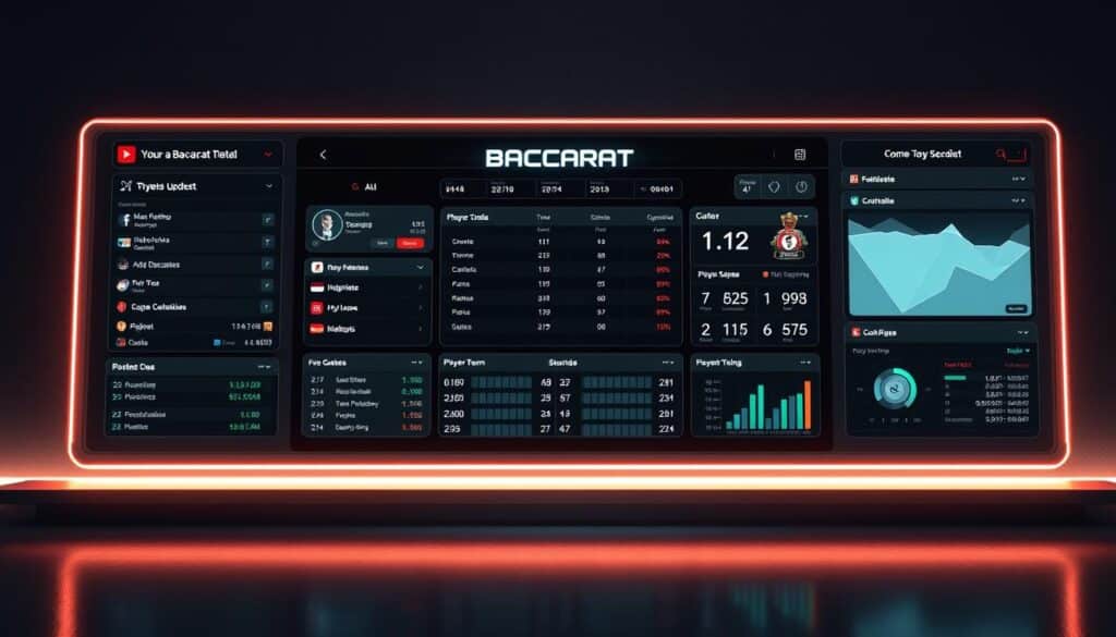 A sleek and modern display showcasing the latest baccarat game data. A neutral-toned interface with clean typography and intuitive data visualizations, such as live score updates, tournament standings, and player/team statistics. Subtle ambient lighting casts a warm glow across the screen, creating a sense of sophistication and professionalism. The layout is well-organized, making it easy for the viewer to quickly grasp the key information. An unobtrusive background texture adds depth and texture without distracting from the central data display. Overall, the image conveys a high-tech, informative, and visually appealing presentation of the most current baccarat match details.