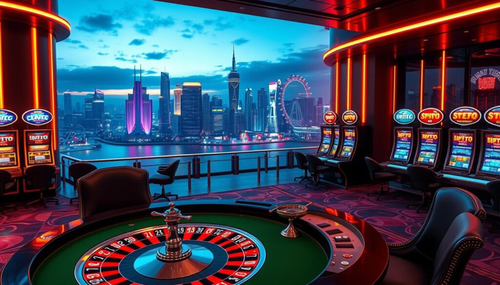 A sleek and modern online casino lobby, bathed in a warm, inviting glow. In the foreground, a roulette table with a green felt surface and gleaming metal accents, surrounded by elegant, high-backed chairs. In the middle ground, a row of slot machines with vibrant, neon-lit displays, their reels spinning hypnotically. In the background, a panoramic view of a bustling city skyline, its skyscrapers and neon signs reflecting off the surface of a tranquil river. The overall atmosphere conveys a sense of excitement, luxury, and the thrill of high-stakes gambling.