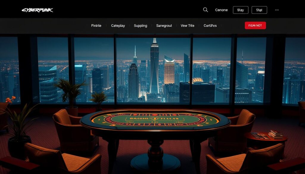 A sleek and modern online casino website, featuring a prominent baccarat gaming table at the center. The layout is clean and intuitive, with high-quality graphics and subtle branding. Soft lighting creates a warm, inviting atmosphere, drawing the viewer's attention to the gameplay experience. The table is positioned in the middle ground, surrounded by elegant decor elements like potted plants and plush seating. In the background, a panoramic view of a cosmopolitan cityscape at night, with twinkling lights and skyscrapers. The overall impression is one of sophistication, excitement, and the promise of a premium online gaming experience.