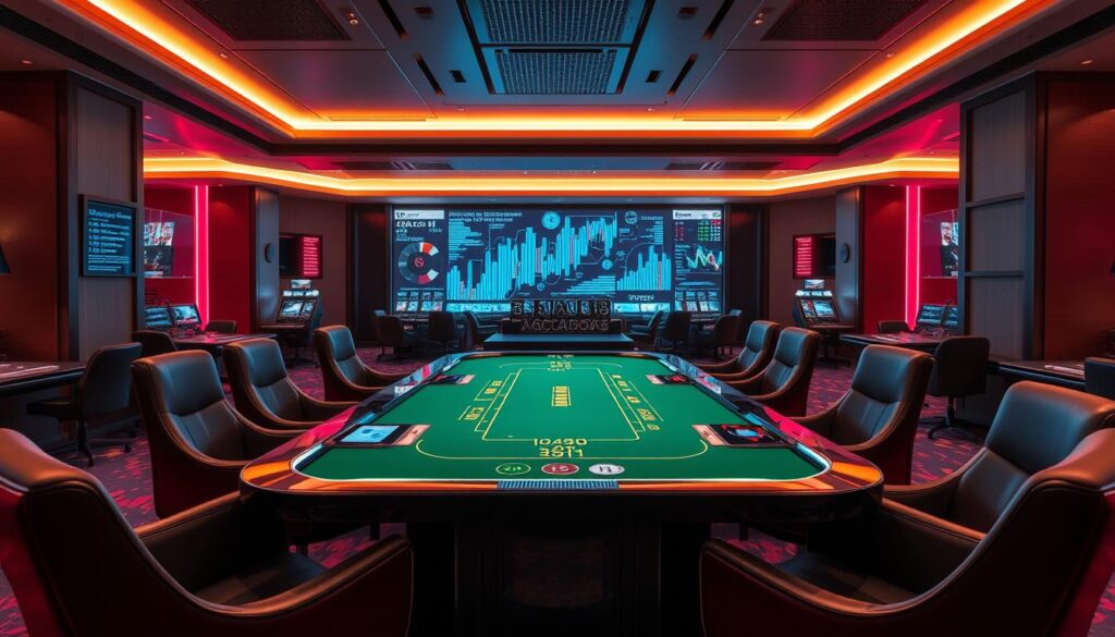 A sleek, data-driven casino interior with a focus on baccarat gameplay. In the foreground, a glass-topped table with a green felt surface, surrounded by ergonomic leather chairs. Discreet digital displays showcase real-time odds and analytical insights, empowering players to make informed decisions. The middle ground features a panoramic view of the gaming floor, with muted lighting and a subtle color palette that exudes an air of sophistication. In the background, a large video wall projects captivating visualizations, highlighting the synergy between data and strategy. The overall atmosphere conveys a sense of controlled elegance, where technology meets the timeless allure of baccarat.