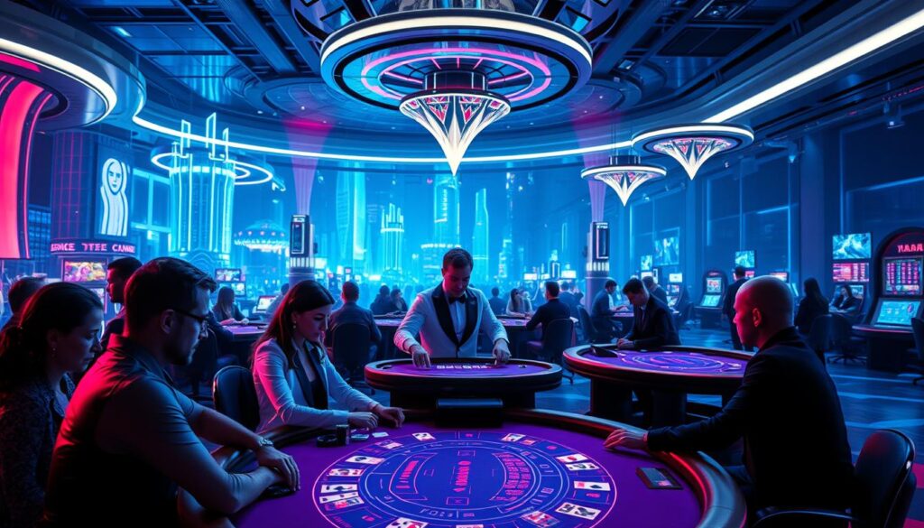 A sleek, futuristic digital casino with neon-lit gaming tables and illuminated displays. The foreground features a group of players immersed in an intense game of baccarat, their faces illuminated by the glow of the table. In the middle ground, a dynamic croupier expertly deals the cards, their movements precise and practiced. The background showcases a panoramic view of the virtual casino, with towering virtual architectures, holographic displays, and a captivating visual symphony of lights and animations. The overall atmosphere is one of high-stakes excitement, technological innovation, and the thrill of the digital gaming experience.