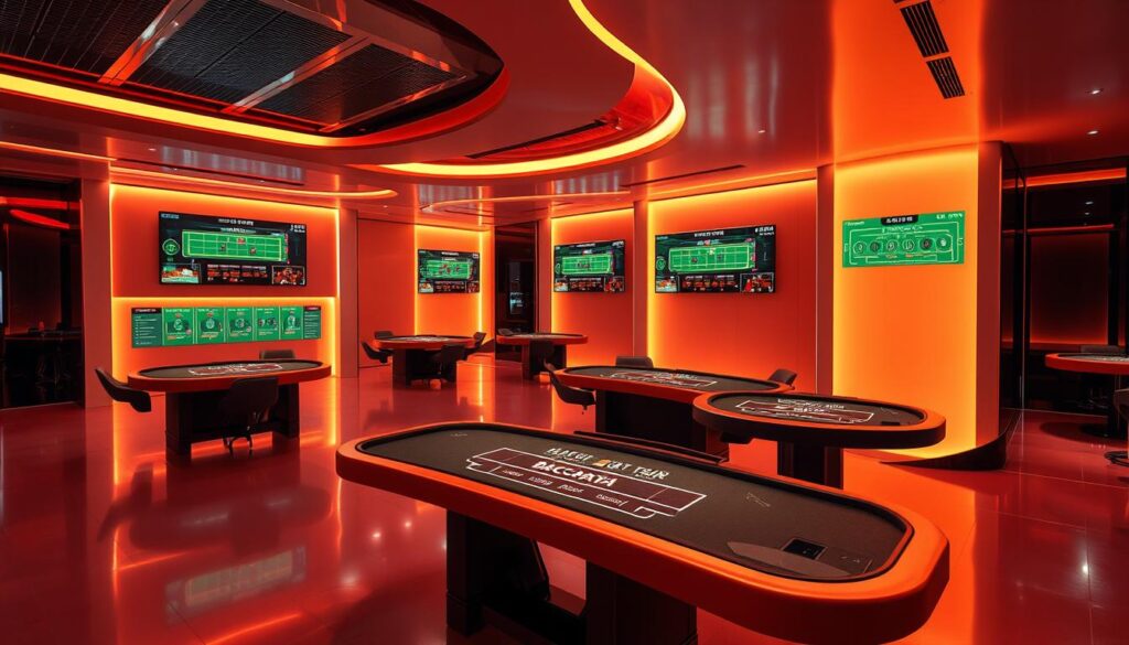 A sleek, modern casino gaming platform with a clean, minimalist interface showcasing various baccarat table options. Smooth, polished surfaces in a warm, inviting color scheme create an atmosphere of sophistication and elegance. Subtle lighting accents the table layouts and betting options, drawing the viewer's attention to the core gameplay experience. High-resolution graphics and realistic textures lend an air of authenticity, while the overall scene conveys a sense of excitement and anticipation for the thrilling baccarat action. Captured from a slightly elevated perspective, the image provides a comprehensive overview of the platform's key features and functionality.