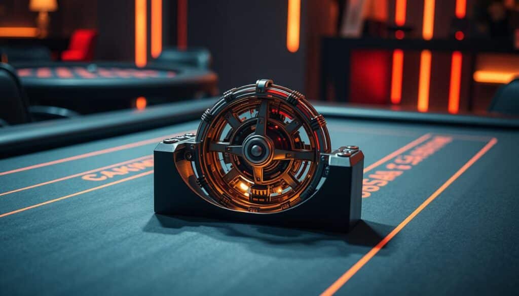 A sleek, modern casino table with a detailed, intricate casino game mechanism revealed. The table surface is made of high-quality felt, with a clean, minimalist design. The game mechanism is showcased in the center, with its various moving parts, gears, and mechanisms visible, allowing viewers to analyze and understand the inner workings of the game. The lighting is sharp and directional, casting dramatic shadows and highlights on the table and mechanism, creating a sense of depth and dimensionality. The background is blurred, placing the focus entirely on the game mechanism and its intricate design. The overall mood is one of technical sophistication and strategic analysis, inviting the viewer to delve into the complexities of the game.