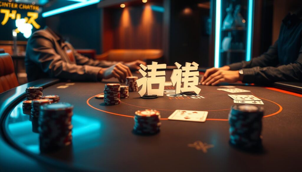 A sleek, modern casino table with an array of betting chips and cards neatly arranged, illuminated by warm, soft lighting. The table's surface is polished and reflects the players' hands as they strategize their next moves. In the background, a subtle sense of luxury pervades, with hints of plush upholstery and wood paneling. The composition conveys a serene, concentrated atmosphere, where the focus is on the calculated gameplay of the "百家樂投注策略".