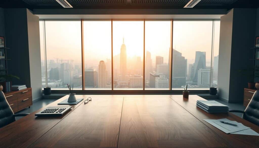 A sleek, modern office setting with a large wooden desk in the foreground. The desk is adorned with various finance-related objects like a calculator, pen holder, and neatly stacked documents. In the middle ground, a large window overlooking a bustling city skyline, bathed in warm, golden afternoon light. The background features minimalist, contemporary decor with subtle hints of red and grey, conveying a sense of professionalism and control. The overall scene exudes an atmosphere of careful financial management and risk mitigation, perfectly suited for the "資金管理與風險控制" section of the article.