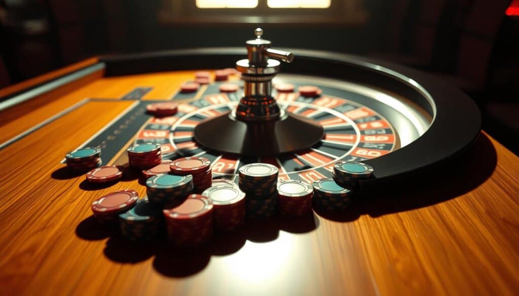 A sleek, well-designed roulette table with a sharp focus on the betting chips, conveying a sense of strategic precision. The table surface is rendered in a rich, warm wood tone, creating a classic casino ambiance. Carefully positioned betting chips in various denominations populate the table, arranged in a visually appealing layout that suggests an effective betting strategy. Dramatic backlighting casts dramatic shadows, adding depth and a sense of sophistication to the scene. The overall composition exudes an air of calculated risk and potential rewards, perfectly capturing the essence of the "Effective Betting Strategies" section.