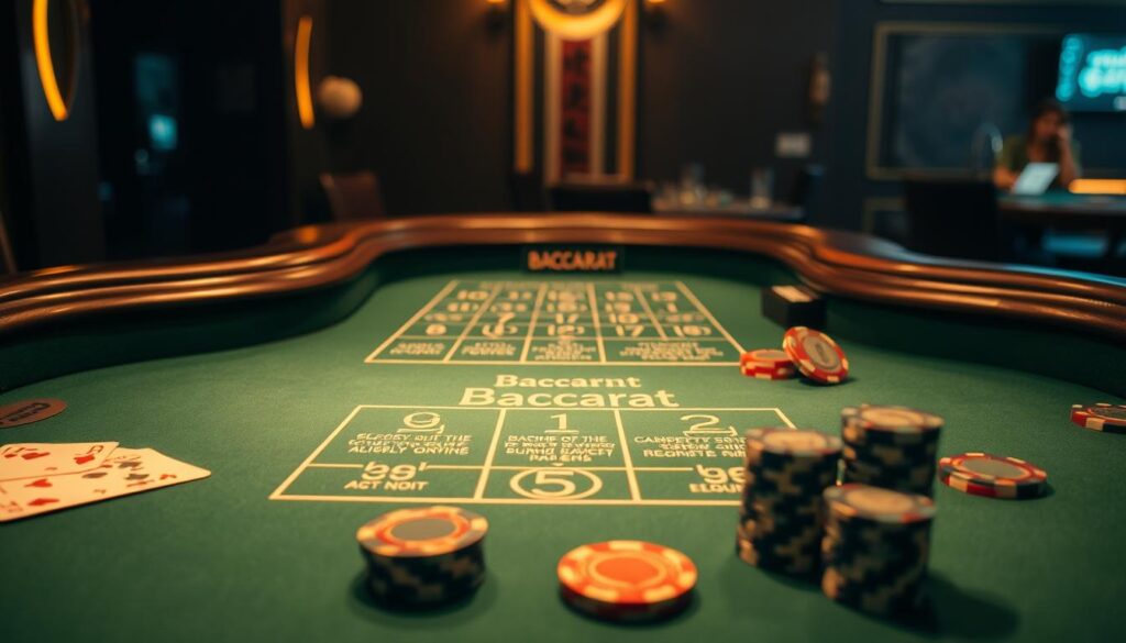 A softly illuminated casino table with a green felt surface, the iconic "Baccarat" logo prominently displayed. In the foreground, playing cards and casino chips are neatly arranged, hinting at the game's basic mechanics. The middle ground features a detailed diagram outlining the core rules and scoring system, presented in a clear and informative manner. The background showcases a subtle, atmospheric lighting, creating a sense of sophistication and excitement. The overall composition conveys the essence of the classic baccarat game and its fundamental gameplay.