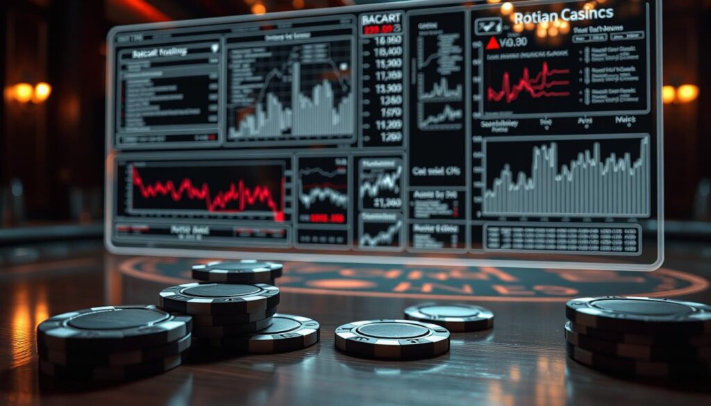 A sophisticated analysis of baccarat betting strategies unfolds before the viewer. In the foreground, a meticulously detailed model of casino gaming chips, their edges and textures captured with photorealistic precision. The middle ground features a holographic display projecting complex statistical visualizations, graphs, and data points – a deep dive into the nuances of optimal bet sizing and probability distributions. The background setting evokes an elegant, dimly lit casino ambiance, complete with subtle reflections on a polished wooden table surface. Dramatic chiaroscuro lighting casts dramatic shadows, heightening the sense of analytical focus. The overall mood is one of intellectual rigor and strategic contemplation, capturing the essence of the "Baccarat Betting Strategy Analysis" section.
