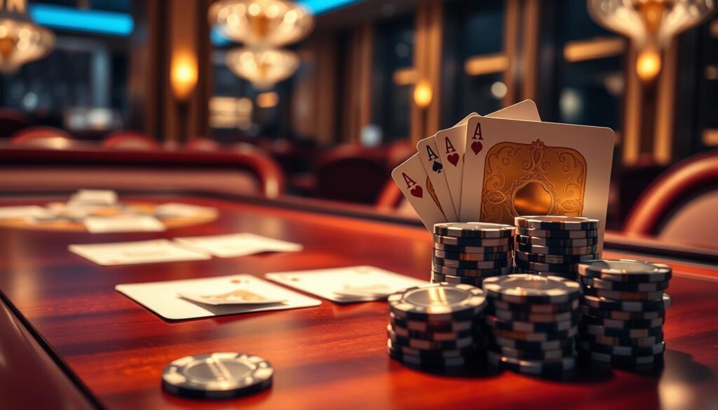 A sophisticated analysis of baccarat strategy unfolds on a rich, polished wooden table, illuminated by soft, warm lighting. Curvaceous, gilded playing cards with intricate patterns glide across the surface, hinting at the game's allure. In the foreground, stacks of gleaming casino chips in varying denominations stand ready, representing the tactical decisions players must make. The background features a subtle, blurred backdrop of a modern casino interior, conveying an atmosphere of elegance and anticipation. This image captures the depth and complexity of baccarat strategy, a captivating fusion of chance and skill.