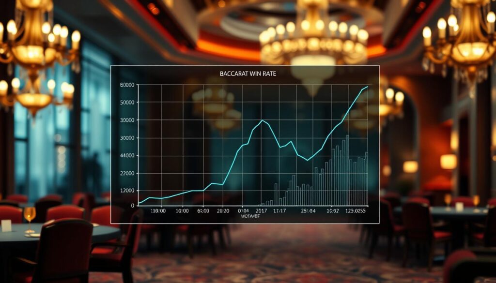 A sophisticated analysis of baccarat win rates, presented in a visually compelling manner. A clean, minimalist design features a central graph or chart, rendered in crisp lines and sharp contrasts, highlighting the win rate dynamics between the banker and player. The graph is set against a softly blurred background, perhaps depicting the interior of a high-end casino, with subtle details like ornate chandeliers or plush furnishings to convey an air of elegance and exclusivity. Careful use of lighting and perspective creates a sense of depth and tangibility, drawing the viewer into the data visualization. The overall mood is one of analytical precision and strategic insight, befitting the subject matter.