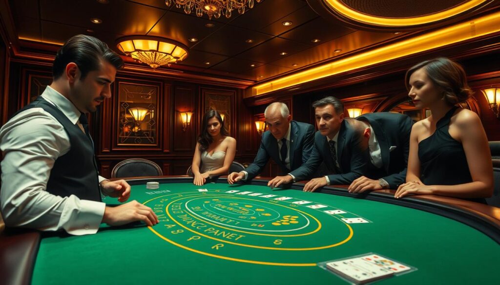 A sophisticated and elegant casino table, the green felt surface contrasting with the polished wood trim. Overhead, a soft, warm lighting casts a inviting glow, creating an atmosphere of sophistication and anticipation. In the foreground, a dealer standing at the ready, their hands poised to expertly deal the cards. The players, donning elegant attire, lean in with rapt attention, their expressions a mix of concentration and excitement. The scene evokes the thrill and glamour of the classic game of Baccarat, a timeless pastime that captivates players the world over.