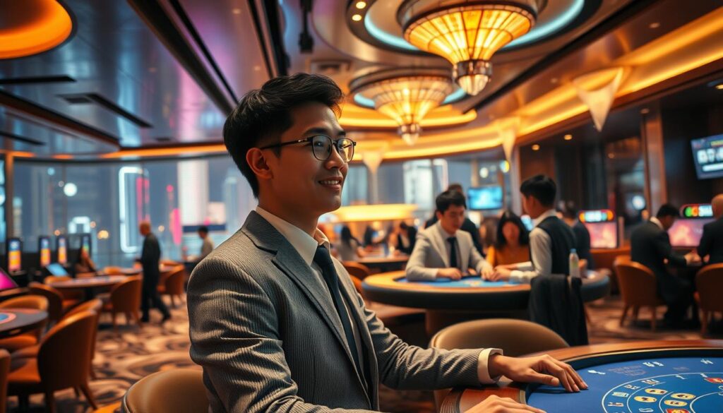 A sophisticated and secure online entertainment hub, emanating an atmosphere of trust and legitimacy. In the foreground, a sleek and modern casino lobby, featuring plush furnishings and warm lighting, conveying a sense of comfort and exclusivity. In the middle ground, smartly dressed patrons engage in gameplay, their expressions serene and confident. The background showcases a cityscape, reflecting the integration of this virtual casino into the larger urban landscape, symbolizing its seamless integration into the local community. The overall composition exudes an air of professionalism, reliability, and responsible gameplay, catering to the discerning tastes of the modern Taiwanese player.