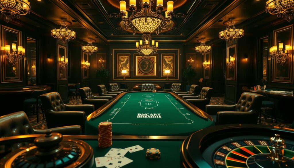 A sophisticated casino interior, dimly lit with warm, golden lighting. At the center, a sleek, green-felt baccarat table, surrounded by plush leather armchairs. Elegant chandeliers cast a soft glow over the scene, while high-end furnishings and decor evoke a sense of refined luxury. In the foreground, playing cards, casino chips, and a discreet roulette wheel hint at the strategic gameplay taking place. The overall atmosphere is one of exclusivity, with an air of mystery and anticipation surrounding the pursuit of the ultimate baccarat victory.