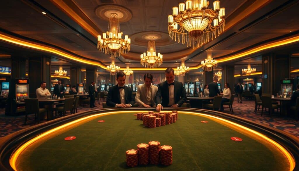 A sophisticated casino interior with a prominent baccarat table in the foreground. The table is illuminated by a warm, golden light, creating a sense of elegance and sophistication. The table's surface is covered in a deep green felt, and the chips are neatly stacked. In the middle ground, a group of well-dressed players are engaged in the game, their faces focused and intent. The background features a panoramic view of the casino floor, with high ceilings, ornate chandeliers, and plush carpeting, conveying a sense of grandeur and luxury. The overall mood is one of excitement and anticipation, reflecting the thrill of the baccarat game.