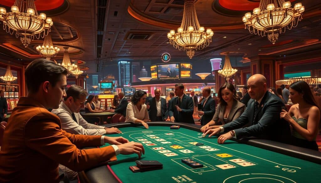 A sophisticated casino interior with ornate chandeliers and plush carpets. In the foreground, a baccarat table with players engrossed in the game, their faces alight with tension and excitement. The dealer's hands deftly dealing the cards, the green felt table a canvas for the high-stakes drama. In the middle ground, well-dressed patrons observe the action, sipping drinks and exchanging hushed conversations. The background features a panoramic view of the casino, its grandeur and opulence hinting at the fortunes won and lost within its walls. Warm lighting casts a seductive glow, creating an atmosphere of elegance and intrigue, befitting the strategic nature of baccarat gameplay.