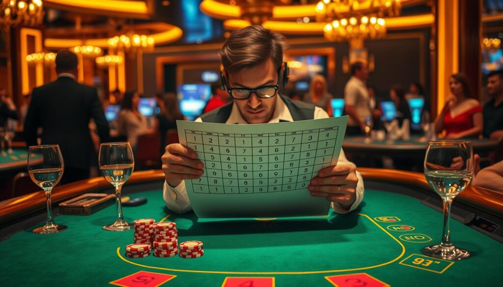 A sophisticated casino scene with a player intently studying a betting grid, surrounded by the lively atmosphere of a baccarat table. Warm, golden lighting illuminates the player's focused expression as they carefully consider their next move, applying the Martingale betting strategy. The table surface reflects the green felt, casino chips, and elegant glassware, creating a sense of high-stakes excitement. In the background, other players and dealers are engaged in the game, adding to the bustling energy of the environment. The scene conveys the strategic application of the Martingale system within the thrilling context of a professional baccarat setting.