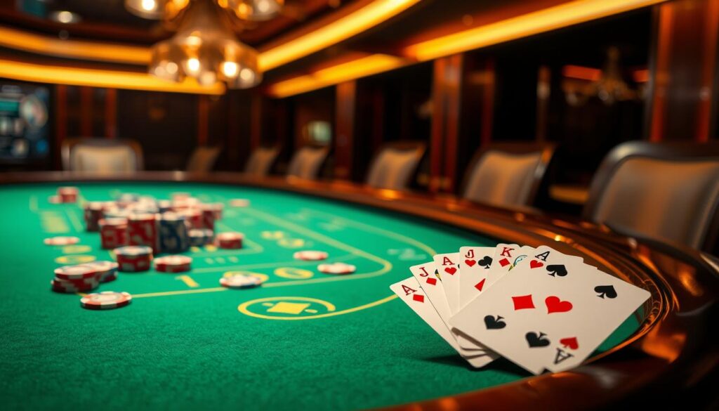 A sophisticated casino table with a green felt surface, illuminated by warm overhead lighting and accentuated by the polished wood of the table's edge. Elegant casino chips in a vibrant array of colors are scattered across the table, hinting at the thrilling gameplay. In the foreground, a pair of playing cards are gracefully fanned out, showcasing the classic suits and patterns that define the game of Baccarat. The scene conveys a sense of intellectual challenge, strategic decision-making, and the allure of high-stakes gaming.