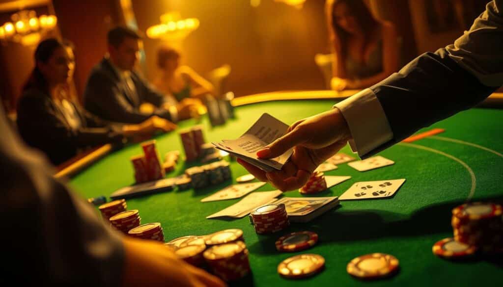 A sophisticated casino table with a green felt surface, meticulously arranged casino chips and playing cards. A dealer's hands deftly shuffling the cards, the motion frozen in time. The scene is bathed in warm, golden lighting that casts dramatic shadows, creating a sense of high-stakes tension. In the background, the blurred silhouettes of other players lean in, captivated by the game. The entire composition conveys the careful strategy and calculated risk-taking that epitomizes the art of Baccarat gameplay.