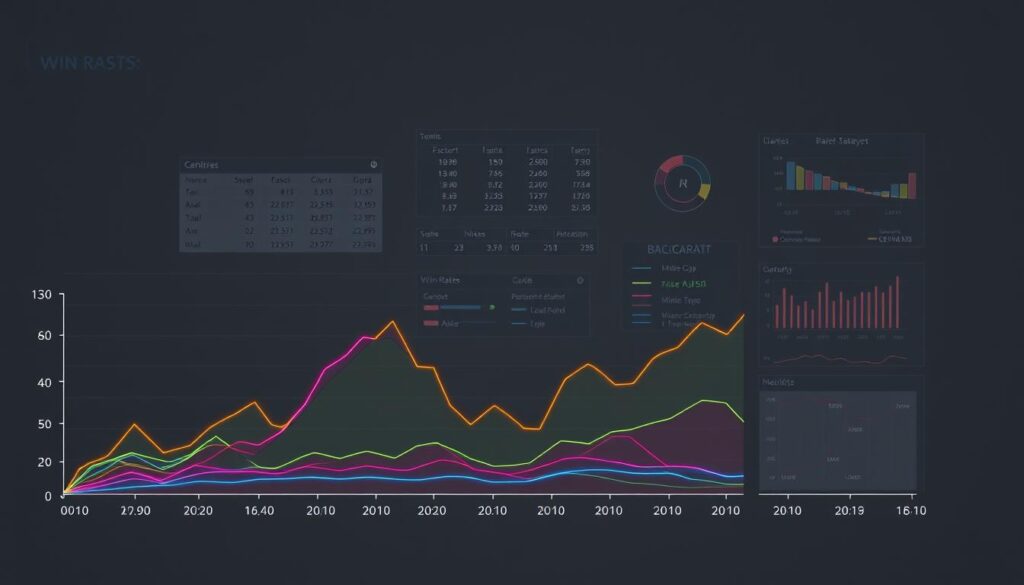 A sophisticated data visualization on a minimalist gray background, showcasing a comprehensive analysis of baccarat gameplay statistics. In the foreground, a meticulously crafted line graph presents the win rates for different baccarat strategies, with each line precisely plotted in a vibrant, yet harmonious color palette. The middle ground features neatly organized tables and charts, providing granular insights into factors influencing the game's outcomes. The background subtly hints at the casino environment with muted, textured elements, creating a sense of depth and immersion. The overall composition is balanced, clean, and designed to deliver a clear, data-driven understanding of the baccarat win rate dynamics.