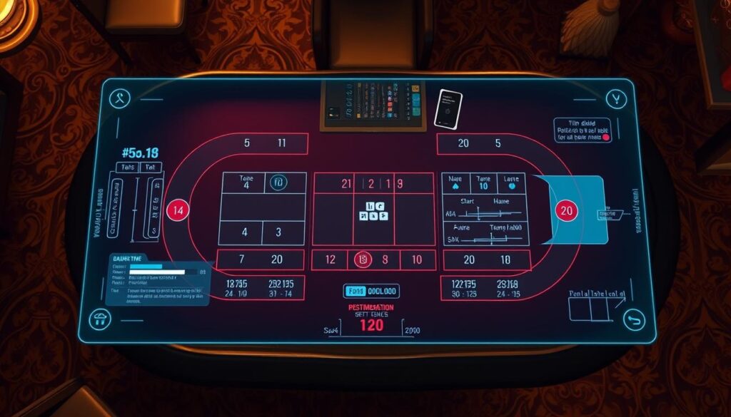 A sophisticated, top-down view of an online baccarat gambling table, showcasing a detailed analysis of the betting odds and house edge. The table surface is illuminated with a warm, ambient light, highlighting the intricate chip patterns and betting positions. In the foreground, a holographic display projects real-time data, including win/loss statistics, probability charts, and strategic recommendations. The middle ground features the elegant casino environment, with plush upholstery and ornate decorative elements. The background subtly blurs into a sleek, minimalist interface, reflecting the technological nature of the modern baccarat experience. The overall atmosphere is one of analytical precision, balanced with the allure of high-stakes gambling.