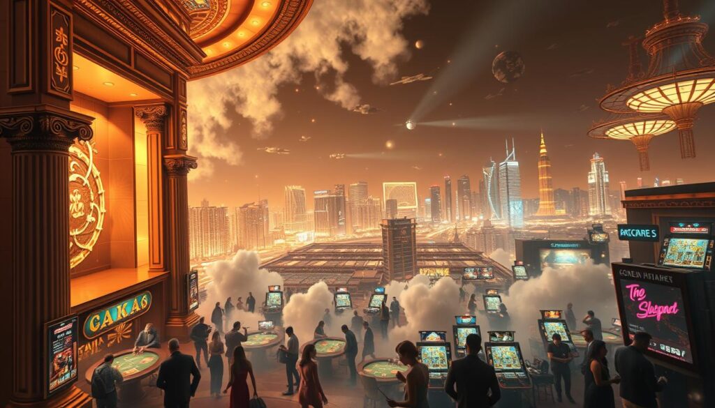 A sprawling global baccarat market, capturing the dynamic interplay of tradition and innovation. In the foreground, a grand casino facade, its opulent columns and ornate architecture reflecting the allure of the game. Swirling clouds of energy and excitement fill the middle ground, as players from diverse backgrounds immerse themselves in the thrill of the cards. In the distance, skylines of major financial hubs hint at the game's widespread influence, a testament to its enduring appeal across cultures and economies. Warm lighting bathes the scene, creating an atmosphere of sophistication and anticipation, inviting the viewer to step into the captivating world of baccarat's global expansion.
