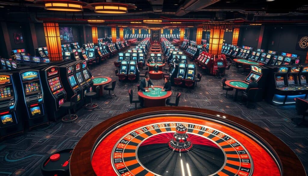 A sprawling online casino scene, showcasing a variety of gaming options. In the foreground, a detailed roulette table with precise renderings of the wheel, chips, and felt surface. Surrounding it, rows of slot machines with intricate displays and glowing lights, inviting the player to try their luck. In the middle ground, several blackjack and baccarat tables, with sharply dressed croupiers dealing cards. The background reveals a panoramic view of the virtual casino floor, dotted with numerous tables and electronic gaming terminals, all illuminated by a warm, ambient lighting that creates a sense of sophistication and excitement. The overall composition conveys the idea of a comprehensive, high-quality online gambling experience.