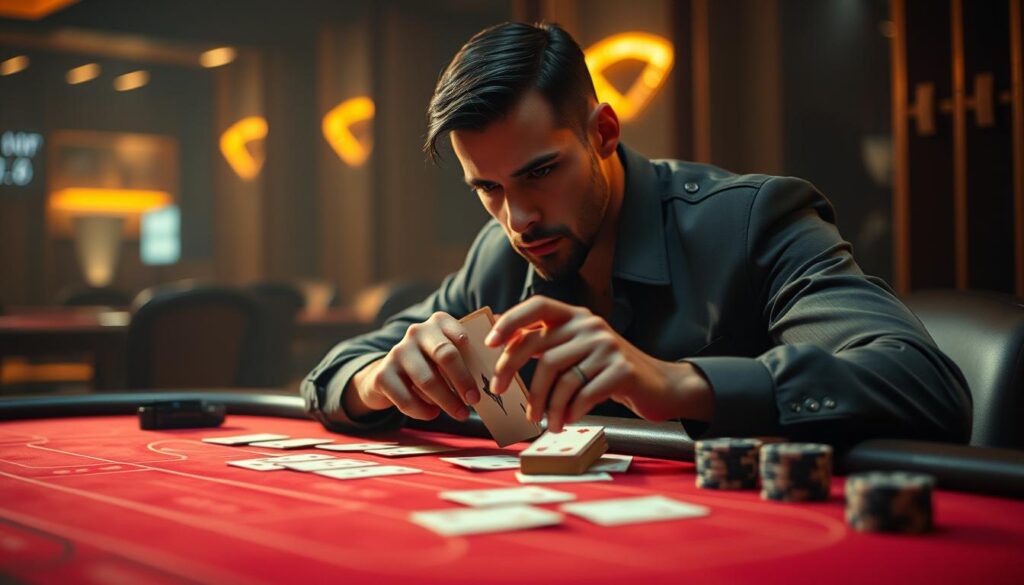 A strategic gambler sits at a baccarat table, intently studying the cards. The table is bathed in a warm, golden light, creating a moody, atmospheric setting. The gambler's expression is one of focused concentration, their hands poised, ready to place their bets with precision. The background is blurred, keeping the attention on the central figure and the table, capturing the intensity and focus of the moment. The scene conveys a sense of determination and the thrill of the game, reflecting the "有效的下注策略" that the article aims to explore.
