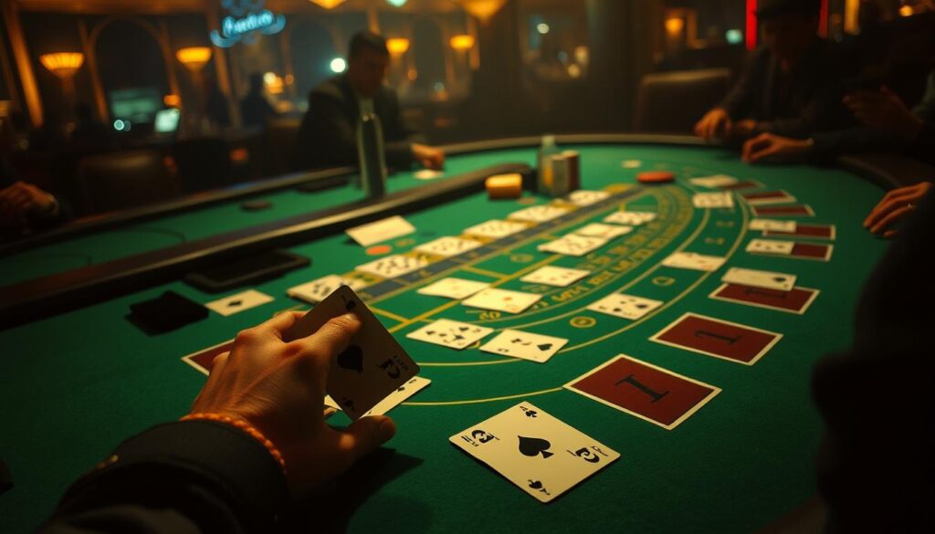 A study of baccarat table layouts, with a keen eye on card patterns and betting strategies. A dimly lit casino setting, the green felt table illuminated by soft, warm lighting. In the foreground, a player's hands carefully examining the cards, analyzing their sequence and positioning. The middle ground reveals the table's intricately designed markings, guiding the placement of bets. In the background, the hazy silhouettes of other players, creating an atmosphere of concentration and anticipation. The scene conveys a sense of strategic contemplation, where experienced gamblers uncover the subtle nuances of the game to gain an edge.