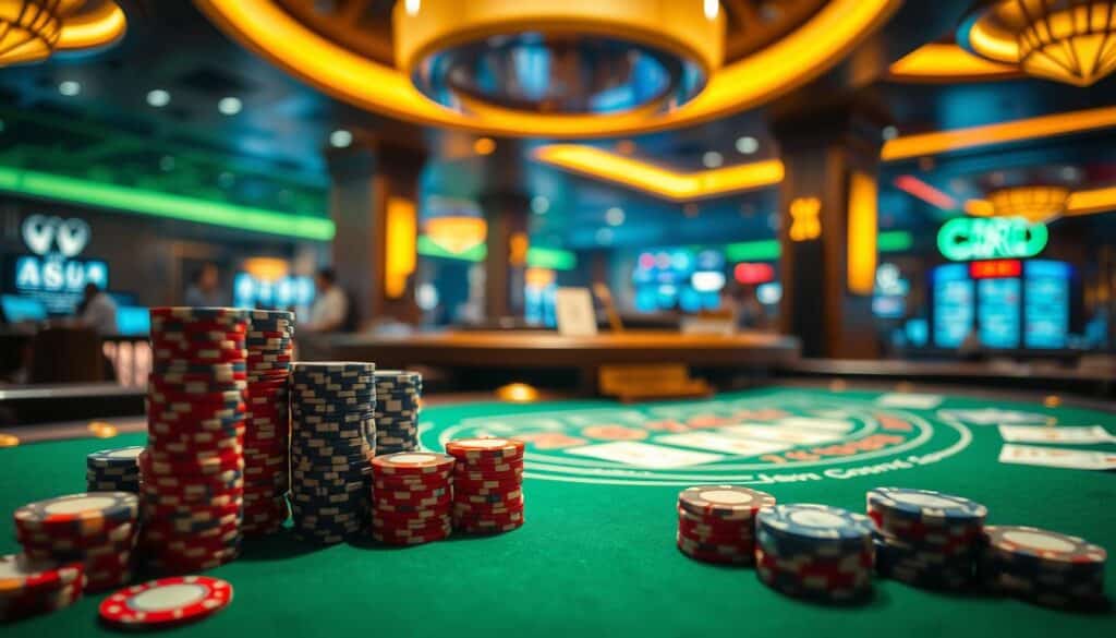 A stylish and sophisticated casino table, illuminated by warm, golden overhead lighting. The green felt surface of the baccarat table dominates the frame, with elegant wooden accents and brass hardware. In the foreground, casino chips in varying denominations are arranged in precise stacks, hinting at the strategic nature of the game. The middle ground features a dealer's station, complete with a discreet dealing shoe and neatly organized decks of cards. The background is slightly blurred, suggesting the bustling energy of the casino environment, but keeping the focus on the gameplay itself. The overall atmosphere conveys a sense of concentration, calculation, and the thrill of high-stakes gaming.