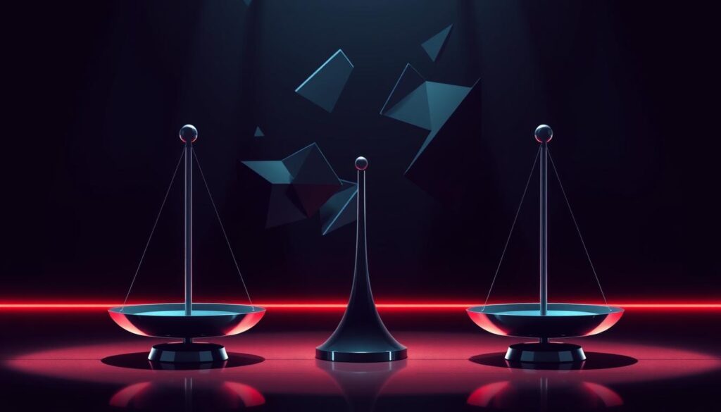 A stylized illustration depicting the concept of "Risk Management and Capital Management". In the foreground, a pair of balanced scales representing the balance between risk and capital. The scales are rendered in a minimalist, geometric style with a polished metallic finish, casting subtle reflections on the dark, moody background. In the middle ground, abstract shapes and forms in shades of gray and blue subtly suggest the complexities of financial analysis and investment strategies. The lighting is dramatic, with a chiaroscuro effect creating a sense of depth and atmosphere. The overall impression is one of sophistication, precision, and the careful navigation of financial risk.