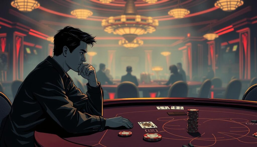 A stylized illustration depicting the psychological factors that influence the outcome of a casino game, specifically baccarat. In the foreground, a thoughtful figure sits at a baccarat table, deep in contemplation, their facial expression reflecting the intensity of the game. The middle ground features the iconic baccarat cards and chips, hinting at the high-stakes nature of the game. The background is shrouded in an atmospheric, moody lighting, with subtle hints of the casino's opulent decor, creating a sense of tension and anticipation. The overall composition conveys the idea that the player's mindset and emotional state can profoundly impact their chances of winning or losing.