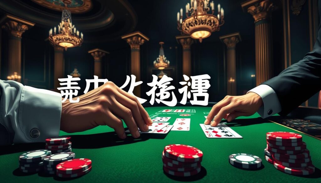 A stylized illustration of a croupier's hands dealing cards on a green baize casino table, with casino chips and playing cards in the foreground. The background features a dimly lit, opulent casino interior with chandeliers, gilded columns, and a sense of luxury and high-stakes gaming. The lighting is dramatic, casting shadows and creating a moody, atmospheric scene. The overall composition conveys the theme of "百家樂必勝法" - the strategies and techniques for winning at the game of baccarat.