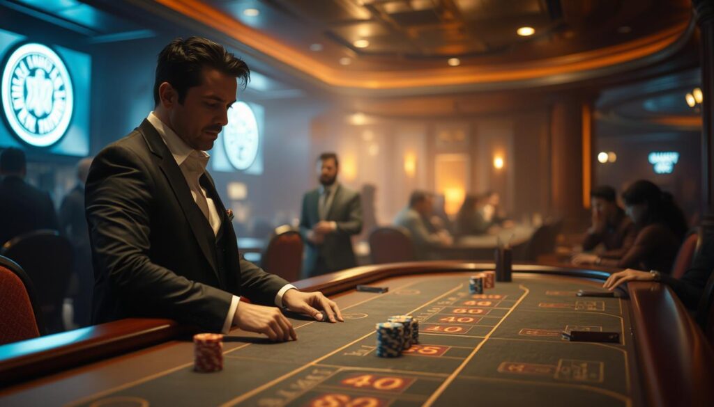 A successful gambler's story unfolds in a dimly lit casino, the air thick with anticipation. In the foreground, a well-dressed player stands at a baccarat table, their face a mask of focused intensity as they make a strategic move. The middle ground reveals the gleam of polished wood, the subtle glint of chips, and the hushed murmurs of fellow players. In the background, the room is shrouded in a warm, amber glow, creating an atmosphere of mystery and intrigue. The image conveys the sense of a high-stakes game, where skill, nerve, and a touch of luck converge to determine the outcome.