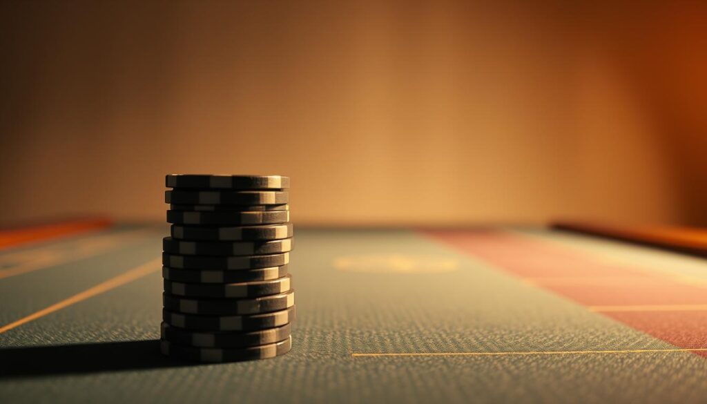 A thoughtful analysis of baccarat betting strategies, presented with a clean, professional aesthetic. In the foreground, a stack of casino chips in a variety of denominations, casting soft shadows. In the middle ground, a subtly patterned playing surface, evoking the felt of a baccarat table. The background features a minimalist, elegant backdrop, perhaps a muted gradient or subtle texture, creating a sense of focus and depth. The lighting is warm and directional, adding depth and drama to the composition. The overall mood is one of strategic consideration, with a touch of the glamour and excitement associated with high-stakes casino gaming.