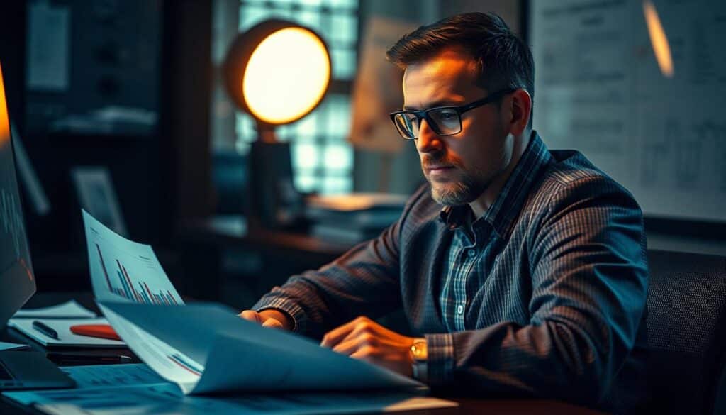 A thoughtful businessman carefully managing his finances, sitting at a desk surrounded by charts, graphs, and financial documents. The scene is illuminated by a warm, focused light, creating a contemplative atmosphere. The man's expression is one of deep concentration as he reviews his investment strategy, seeking to avoid reckless betting and maintain a balanced portfolio. The background is slightly blurred, keeping the focus on the central figure and the important task at hand - responsible money management.