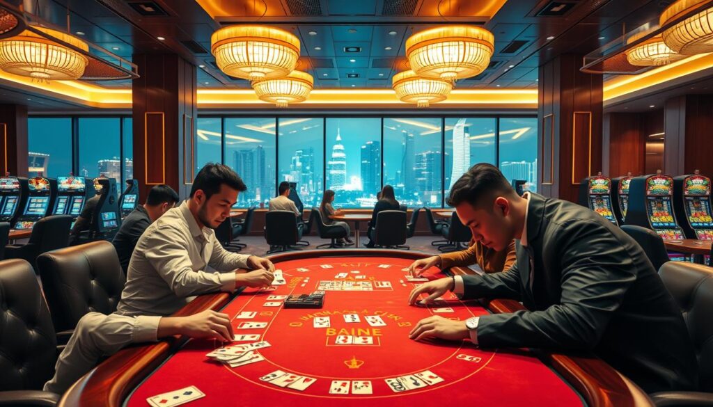A thrilling online baccarat game unfolds against the backdrop of a sleek, modern casino. The table is bathed in a warm, golden glow, highlighting the elegant wood paneling and plush leather chairs. Cards are dealt with a flourish, the sound of shuffling punctuated by the occasional clink of chips. In the foreground, players lean in with focused intensity, their expressions a mix of concentration and anticipation. The middle ground presents a panoramic view of the gaming floor, where other tables and slot machines beckon. Through the expansive windows, the nighttime cityscape of Taiwan's bustling metropolis glitters in the distance, adding an air of cosmopolitan sophistication to the scene.
