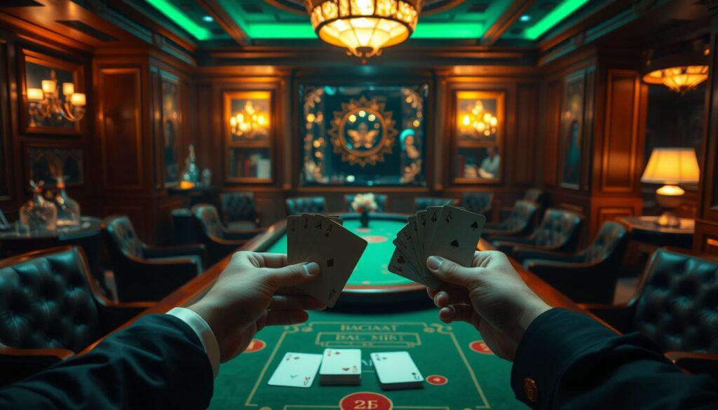 A tranquil casino interior, dimly lit with warm ambient lighting. The ornate wooden table of a Baccarat game takes center stage, its green felt surface inviting. Elegant crystal decanters and plush leather armchairs suggest an atmosphere of sophistication. In the foreground, a pair of player's hands holding cards, conveying the thoughtful concentration of a newcomer exploring the game's nuances. The scene exudes a sense of elegant leisure, capturing the essence of the "how to play Baccarat: a beginner's guide" subject.